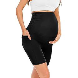 iYmitz Damen Kurze Schwangerschaftsleggings mit Taschen High Waist Blickdichte Weich Elastisch Umstandsleggings (Black, M) von iYmitz