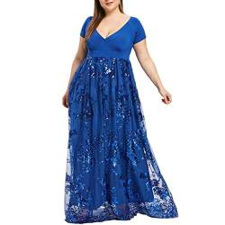 iYmitz Damen Übergröße Maxikleid Elegant V-Ausschnitt Kurzarm Kleider mit Blumen Pailletten Abend Party Netzkleid von iYmitz