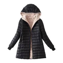 iYmitz Lange übergangsjacke Damen Leicht Größe Baumwolljacke Damen Steppjacke mit Kapuze und Tasche Jacke Winterjacke Fleecemantel Plüschjacke (Black, S) von iYmitz