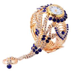 ibasenice Handkette Kettenblatt Uhr Armband mit Fingerring Armbanduhr Mode Diamant Quarz Analoguhr mit Edelstahl Armband (Blau) von ibasenice