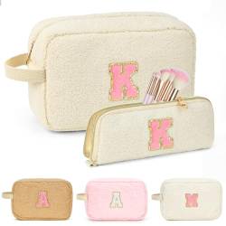 ibeacos Personalisierte Reise-Make-up-Tasche, anfängliche adrette Kosmetiktasche mit Sherpa-Make-up-Pinselhalter, niedlicher Reißverschluss, Make-up-Tasche, Geburtstagsgeschenk für von ibeacos