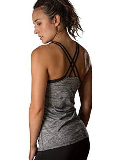 icyzone Damen 2 in 1 Sport Yoga Tops mit BH - Gym Shirts Fitness Trainings Tank Top (XL, Grau) von icyzone