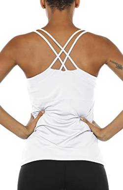 icyzone Damen 2 in 1 Sport Yoga Tops mit BH - Gym Shirts Fitness Trainings Tank Top (XL, Weiß) von icyzone