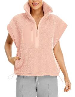 icyzone Damen Ärmellose Teddy Fleece Pullover Half Zip Polar Soft Fleece-Weste Lose Sweatshirt (Nude Pink, S) von icyzone