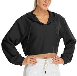 icyzone Damen Cropped Kapuzenpullover Fleece Gefütterte Sport Hoodie Casual Bauchfrei Sweatshirt (Black, L) von icyzone