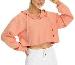 icyzone Damen Cropped Kapuzenpullover Fleece Gefütterte Sport Hoodie Casual Bauchfrei Sweatshirt (Cameo Pink, L) von icyzone