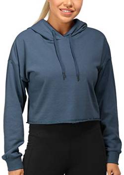 icyzone Damen Cropped Kapuzenpullover Langarm Sweatshirt Crop Top Pullover Hoodie (L, Blau) von icyzone