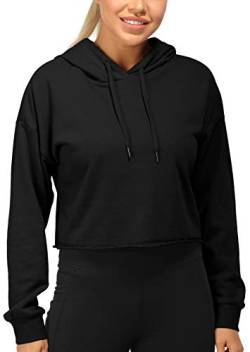 icyzone Damen Cropped Kapuzenpullover Langarm Sweatshirt Crop Top Pullover Hoodie (L, Schwarz) von icyzone