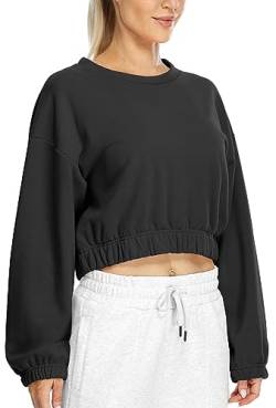 icyzone Damen Cropped Pullover Fleece Gefüttert Langarm Sweatshirt Rundhals Pulli Crop Top (Black, S) von icyzone