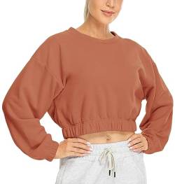 icyzone Damen Cropped Pullover Fleece Gefüttert Langarm Sweatshirt Rundhals Pulli Crop Top (Copper Brown, L) von icyzone