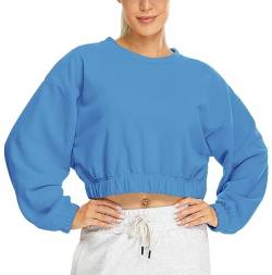 icyzone Damen Cropped Pullover Fleece Gefüttert Langarm Sweatshirt Rundhals Pulli Crop Top (Royal Blue, L) von icyzone