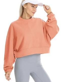 icyzone Damen Cropped Pullover Fleece Lined Sweatshirt Oversized Rundhals Causal Kurz Oberteile (Cameo Pink, L) von icyzone