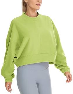 icyzone Damen Cropped Pullover Fleece Lined Sweatshirt Oversized Rundhals Causal Kurz Oberteile (Grass Green, L) von icyzone