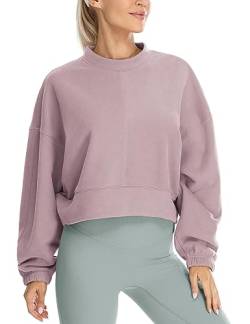 icyzone Damen Cropped Pullover Fleece Lined Sweatshirt Oversized Rundhals Causal Kurz Oberteile (Lilac, L) von icyzone