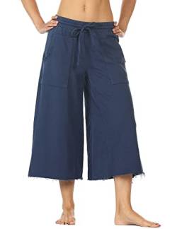 icyzone Damen Culotte Sporthose 3/4 Weites Bein Hose, Elastische Taille Hosenrock Capri Pants Freizeithose (L, Navy blau) von icyzone