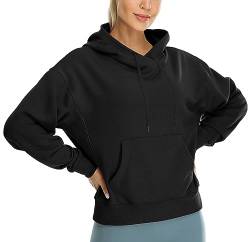icyzone Damen Fleece Kapuzenpullover Sport Hoodie Fitness Sweatshirt Langarm Casual Pullover mit Kängurutasche (Black, L) von icyzone