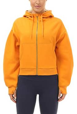 icyzone Damen Fleece-Kapuzenpullover mit Reißverschluss Sport Hoodie Relaxed Fit Sweatshirt (L, Orange) von icyzone