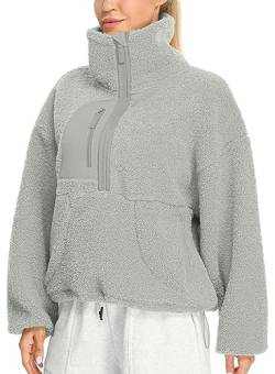 icyzone Damen Half Zip Teddy Fleece Pullover Sherpa Flauschig Warm Sweatshirt mit Taschen und Kordelzug (Rhino Grey, XL) von icyzone