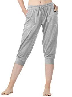 icyzone Damen Jogginghose 3/4 Sporthose Laufhose Loose Fit Sweathose Casual Capri Hose (L, Grey) von icyzone