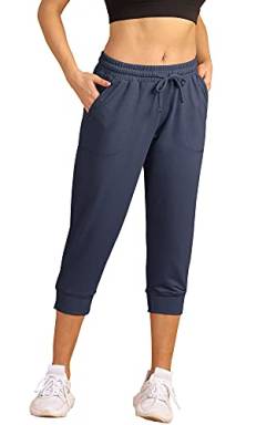 icyzone Damen Jogginghose 3/4 Sporthose Laufhose Loose Fit Sweathose Casual Capri Hose (L, Navy) von icyzone