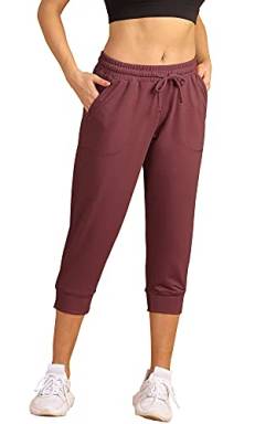 icyzone Damen Jogginghose 3/4 Sporthose Laufhose Loose Fit Sweathose Casual Capri Hose (M, Wine) von icyzone