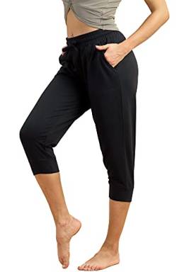 icyzone Damen Jogginghose 3/4 Sporthose Laufhose Loose Fit Sweathose Casual Capri Hose (XL, Black) von icyzone