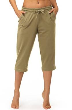 icyzone Damen Jogginghose 3/4 Sporthose Trainingshose Straight Bein Freizeit Hose mit Tasche (M, Khaki) von icyzone