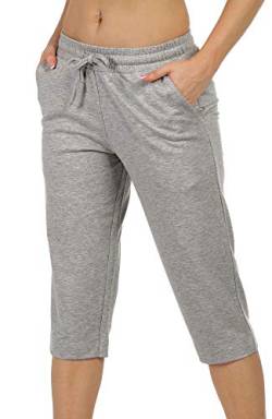 icyzone Damen Jogginghose 3/4 Sporthose Trainingshose Straight Bein Freizeit Hose mit Tasche (XL, Grau) von icyzone