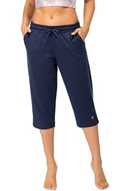 icyzone Damen Jogginghose 3/4 Sporthose Trainingshose Straight Bein Freizeit Hose mit Tasche (XL, Navy blau) von icyzone