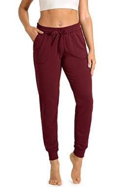 icyzone Damen Jogginghose Sporthose Lang Fitness Yoga Hose Freizeithose Trainingshose mit Taschen (S, Wine) von icyzone