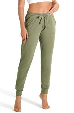 icyzone Damen Jogginghose Sporthose Lang Fitness Yoga Hose Freizeithose Trainingshose mit Taschen (XL, Olive) von icyzone