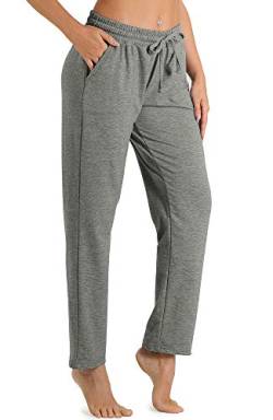 icyzone Damen Jogginghose Sweathose Lang Sporthose Freizeithose geradem Bein Hose mit Tunnelzug (L, Grau) von icyzone