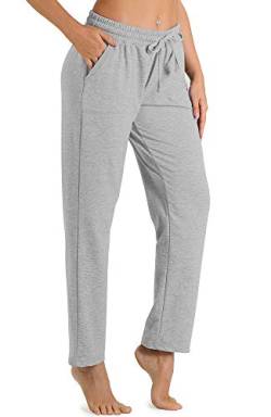 icyzone Damen Jogginghose Sweathose Lang Sporthose Freizeithose geradem Bein Hose mit Tunnelzug (L, Hellgrau) von icyzone