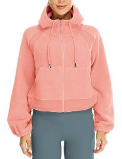 icyzone Damen Kapuzenjacke Teddy Fleece Plüschjacke mit Kapuze Casual Zip Hoodie mit Kangrootaschen (Pale Pink, XL) von icyzone