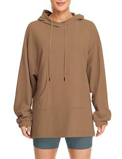 icyzone Damen Lang Oversize Hoodie Fleece Kapuzenpullover Casual Sweatshirt mit Kängurutasche (Cacao Brown, S) von icyzone