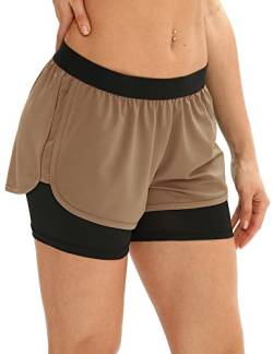 icyzone Damen Laufshorts 2 in 1 Kurze Sporthose Jogginghose Atmungsaktiv Sport Shorts für Gym Training (XL, Coffee) von icyzone