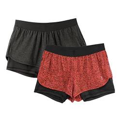 icyzone Damen Laufshorts 2 in 1 Sport Yoga Training Shorts Kurze Sporthose Laufhose, 2er Pack (Black/Red, L) von icyzone