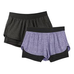 icyzone Damen Laufshorts 2 in 1 Sport Yoga Training Shorts Kurze Sporthose Laufhose, 2er Pack (Black Heather/Violet, S) von icyzone