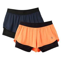 icyzone Damen Laufshorts 2 in 1 Sport Yoga Training Shorts Kurze Sporthose Laufhose, 2er Pack (Ink Blue/Orange, S) von icyzone