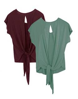 icyzone Damen Rückenfrei Sport T-Shirt Kurzarm Oberteil Yoga Tops Casual Shirt Loose Fit, 2er Pack (M, Wine/Agate Green) von icyzone