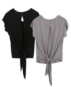 icyzone Damen Rückenfrei Sport T-Shirt Kurzarm Oberteil Yoga Tops Casual Shirt Loose Fit, 2er Pack (XL, Black/Grey) von icyzone