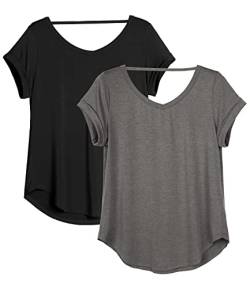 icyzone Damen Rückenfrei Yoga T-Shirt Kurzarm Sport Freizeit Tops Lose V-Ausschnitt Shirt, 2er Pack (L, Schwarz/Dunkelgrau) von icyzone