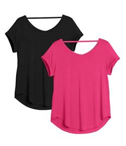 icyzone Damen Rückenfrei Yoga T-Shirt Kurzarm Sport Freizeit Tops Lose V-Ausschnitt Shirt, 2er Pack (M, Schwarz/Pink Lychee) von icyzone