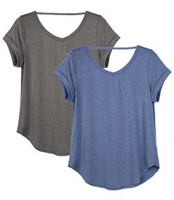 icyzone Damen Rückenfrei Yoga T-Shirt Kurzarm Sport Freizeit Tops Lose V-Ausschnitt Shirt, 2er Pack (S, Dunkelgrau/Grau-blau) von icyzone