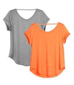 icyzone Damen Rückenfrei Yoga T-Shirt Kurzarm Sport Freizeit Tops Lose V-Ausschnitt Shirt, 2er Pack (S, Grau/Orange) von icyzone