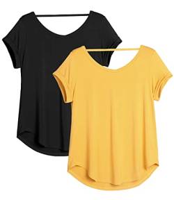 icyzone Damen Rückenfrei Yoga T-Shirt Kurzarm Sport Freizeit Tops Lose V-Ausschnitt Shirt, 2er Pack (S, Schwarz/Gelb) von icyzone