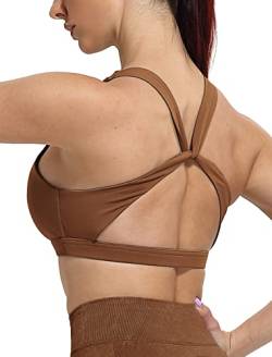 icyzone Damen Sport-BH, Ohne Bügel Gekreuzt Rücken Gepolstert Fitness Yoga Bra (L, Brown) von icyzone