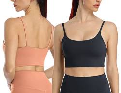 icyzone Damen Sport-BH Camisole Stretch Fitness Crop Top mit BH Gepolstert Yoga Bra, 2er Set (L, Black/Coral Peach) von icyzone