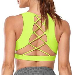 icyzone Damen Sport-BH Gepolstert Gekreuzt Rücken Sport Bra Ohne Bügel Fitness Yoga BH(S, Neon Yellow) von icyzone