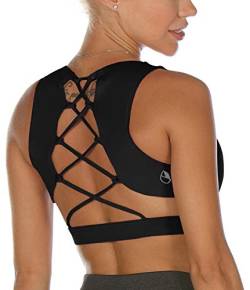 icyzone Damen Sport-BH Gepolstert Gekreuzt Rücken Sport Bra Ohne Bügel Fitness Yoga BH(XL, Black) von icyzone